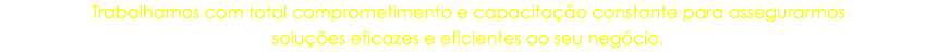 Trabalhamos com total comprometimento e capacitação constante para assegurarmos
soluções eficazes e eficientes ao seu negócio.